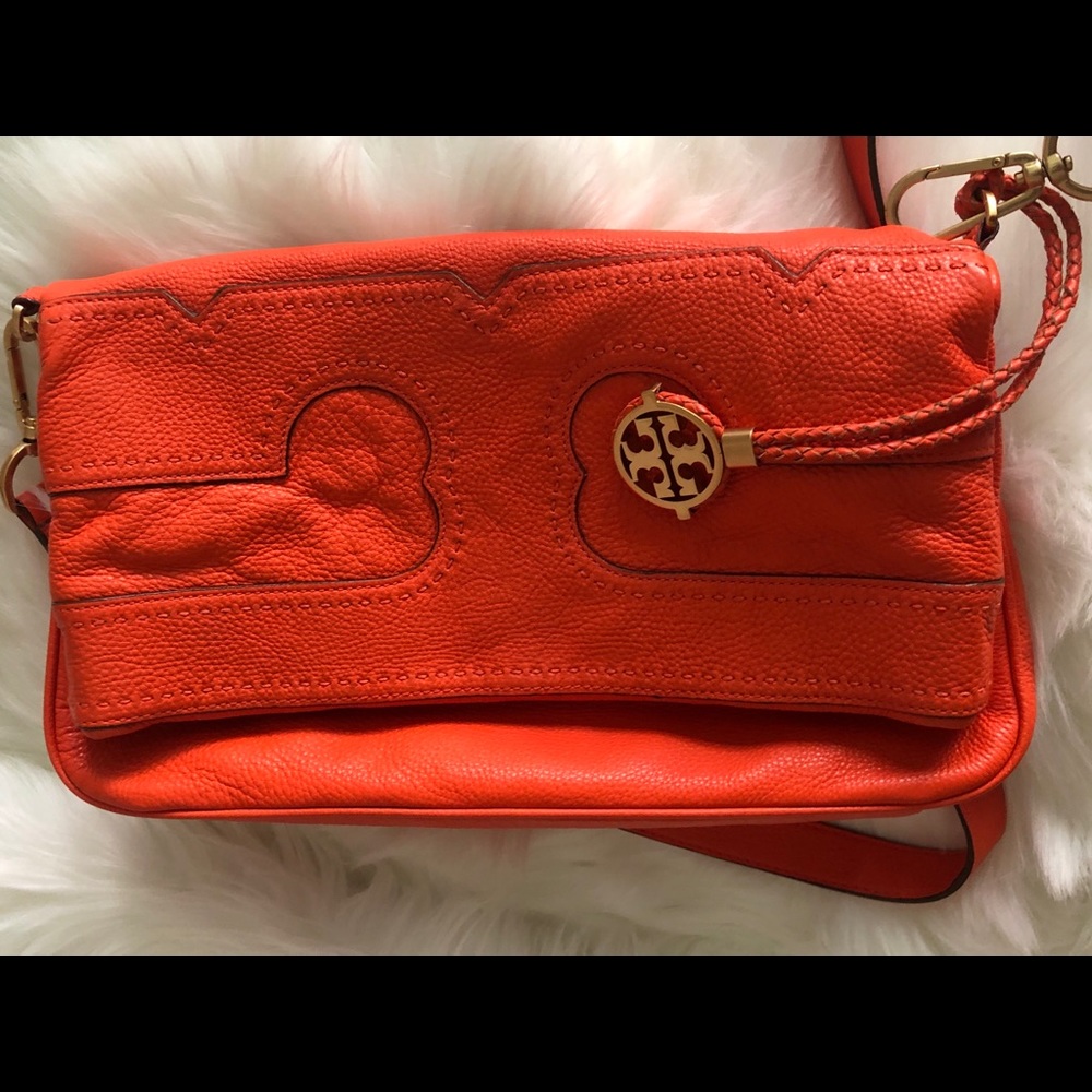 One Day Sale Tory Burch Vibrant Orange Pebbled Leather Crossbody - Picture 3 of 8
